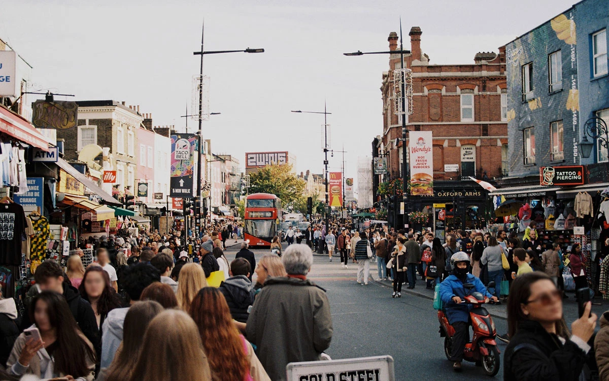 Camden High Street with shops and pedestrians